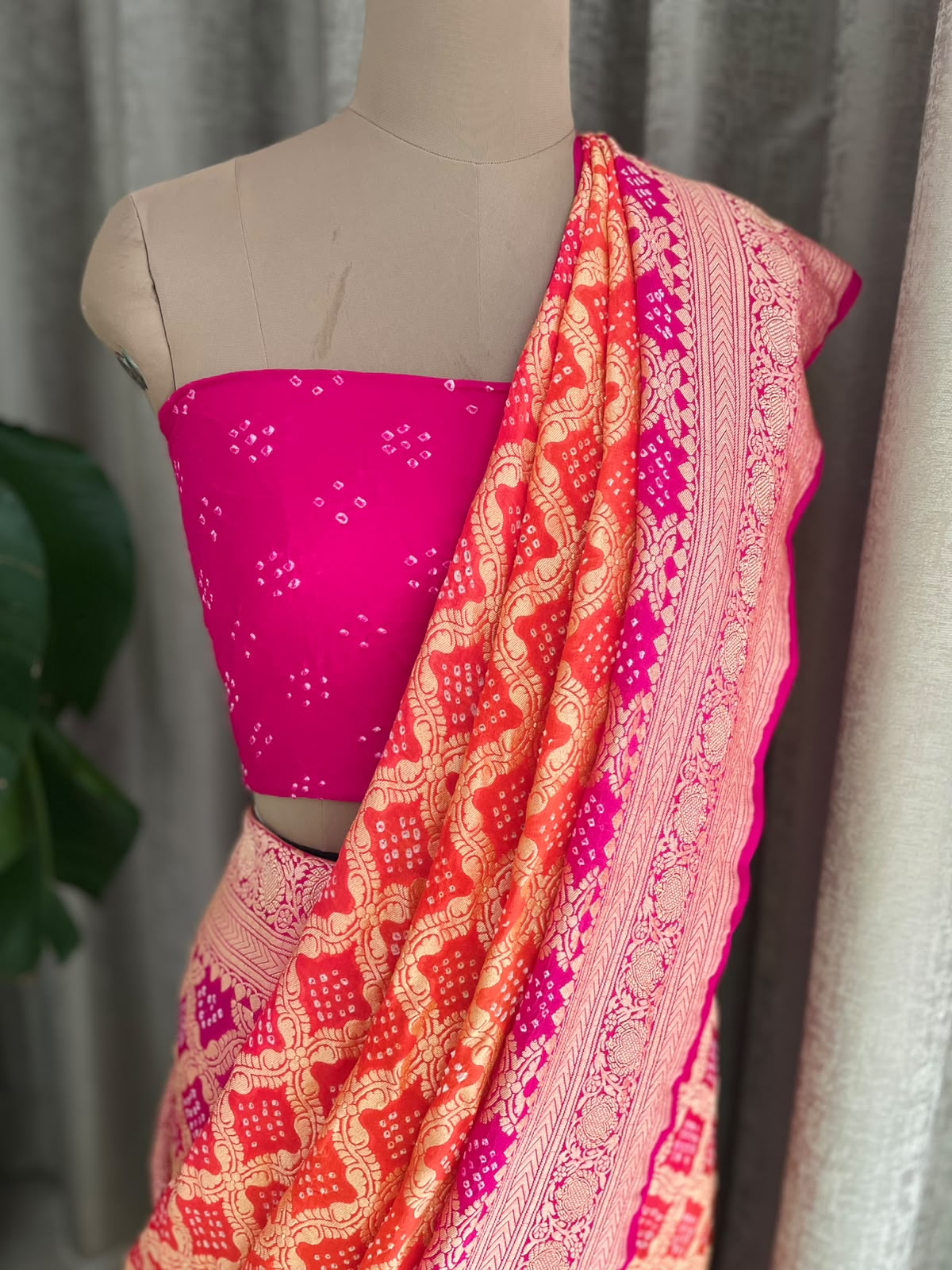 Manya - Pink & Orange Bandhani Banarasi Saree