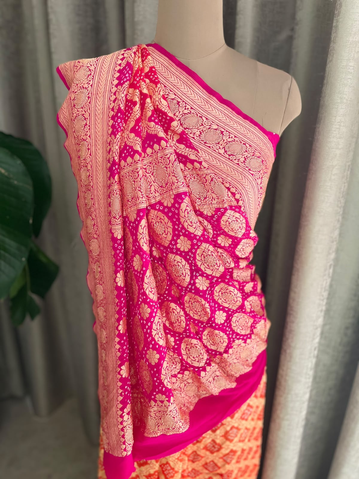 Manya - Pink & Orange Bandhani Banarasi Saree
