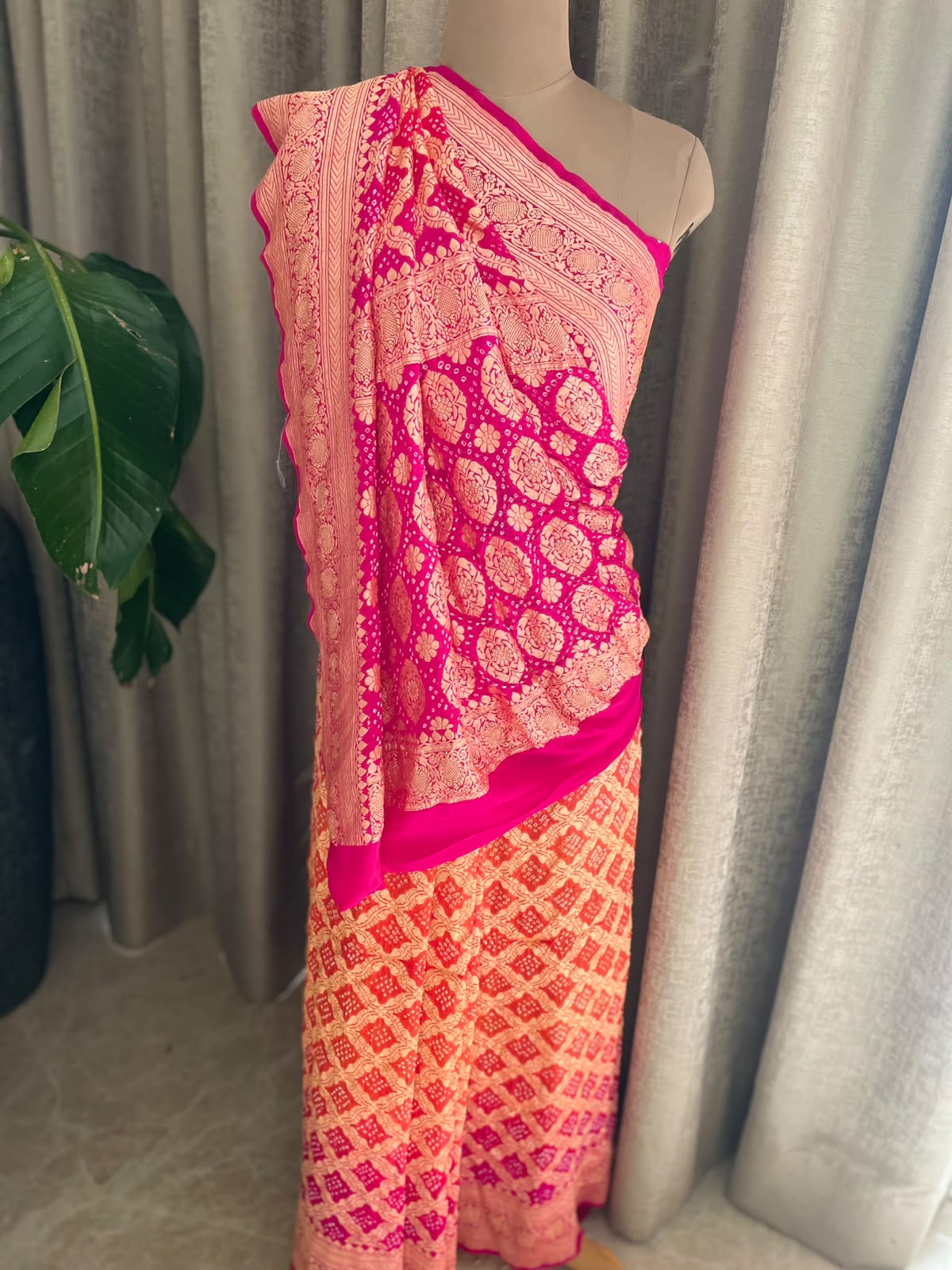 Manya - Pink & Orange Bandhani Banarasi Saree