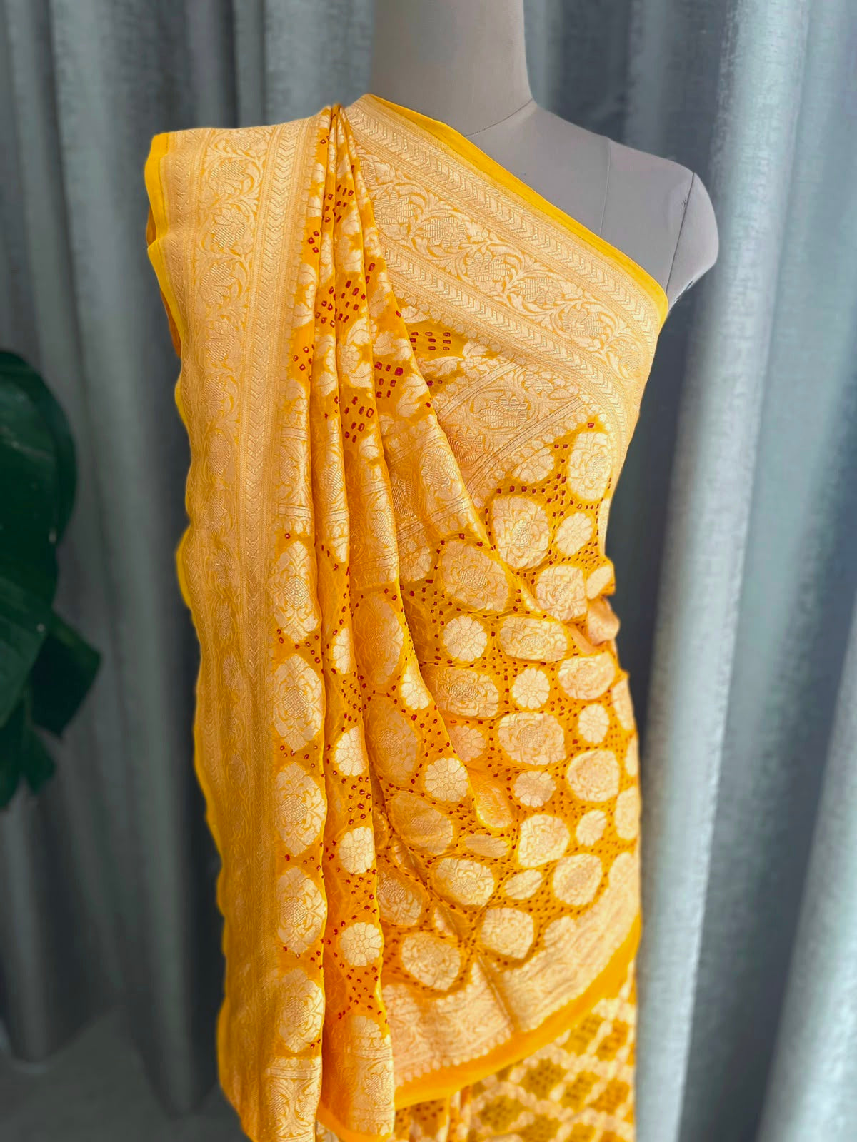 Mihika - Yellow Bandhani Banarasi Saree