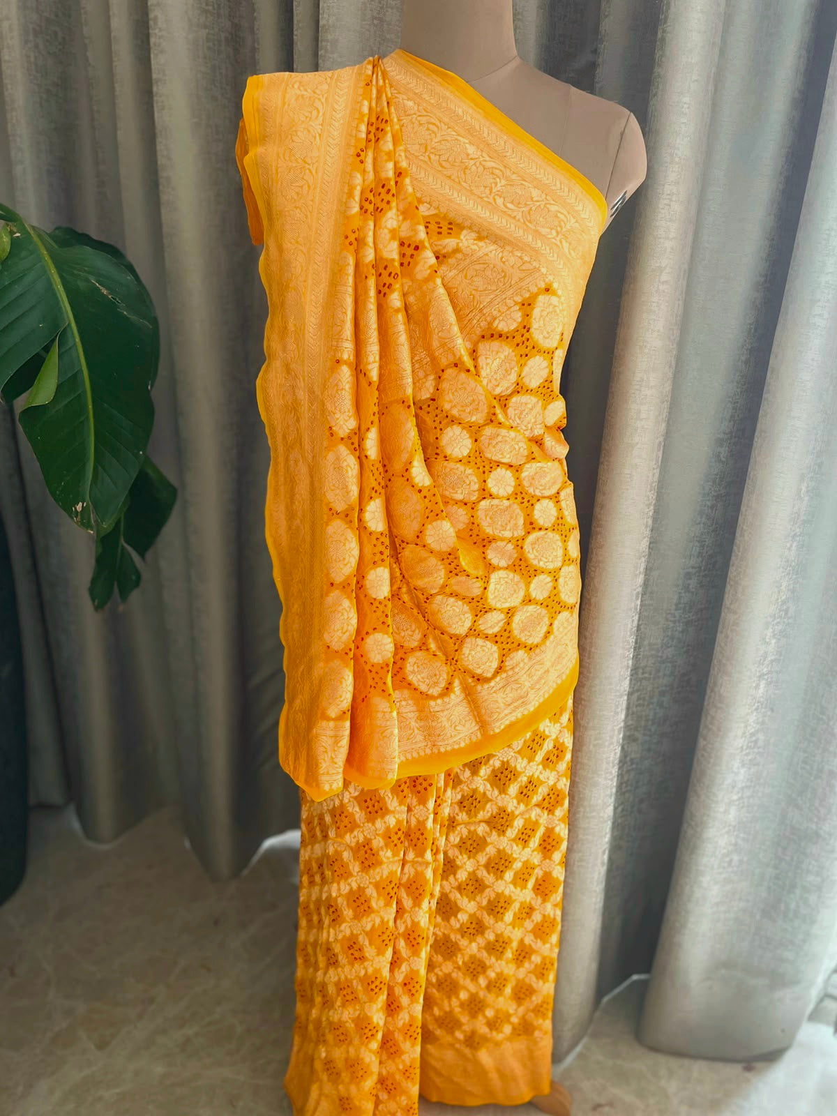 Mihika - Yellow Bandhani Banarasi Saree