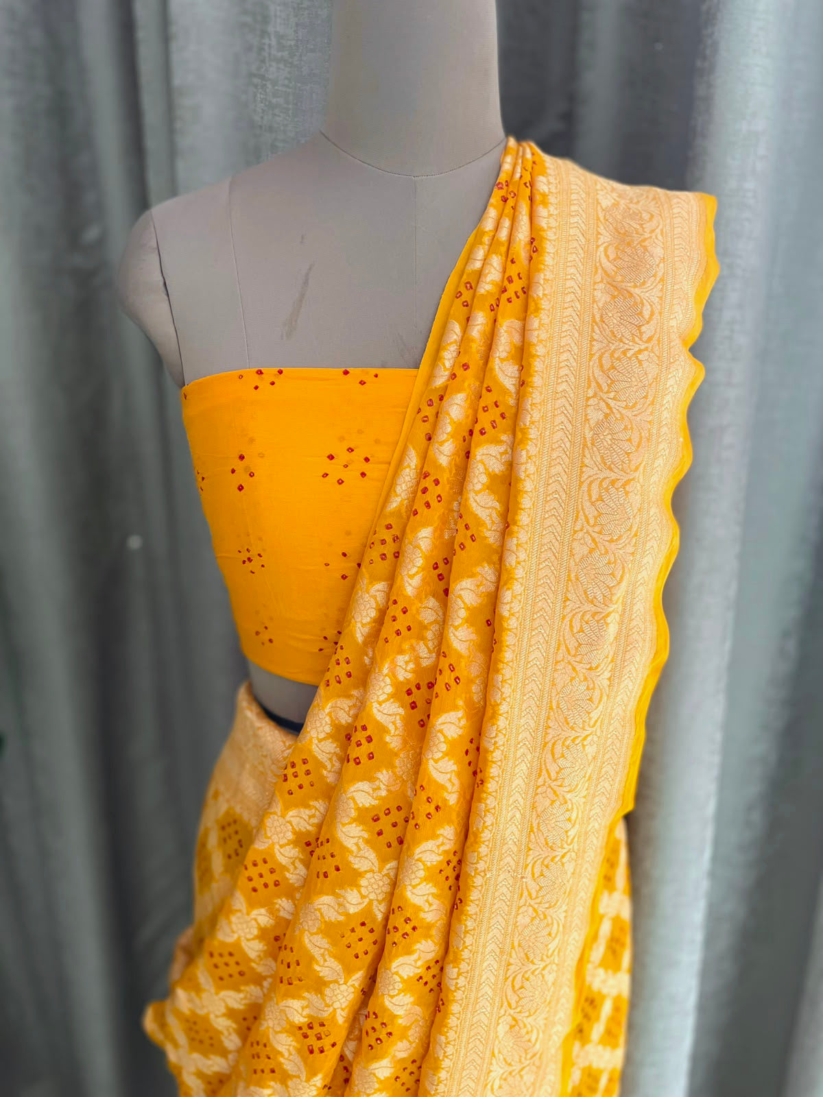 Mihika - Yellow Bandhani Banarasi Saree