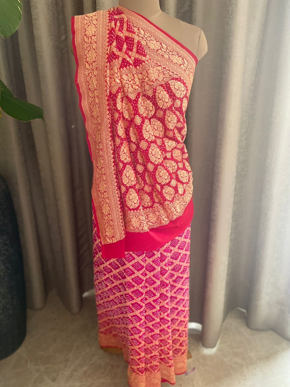 Sumeha - Red & Pink Bandhani Banarasi Saree
