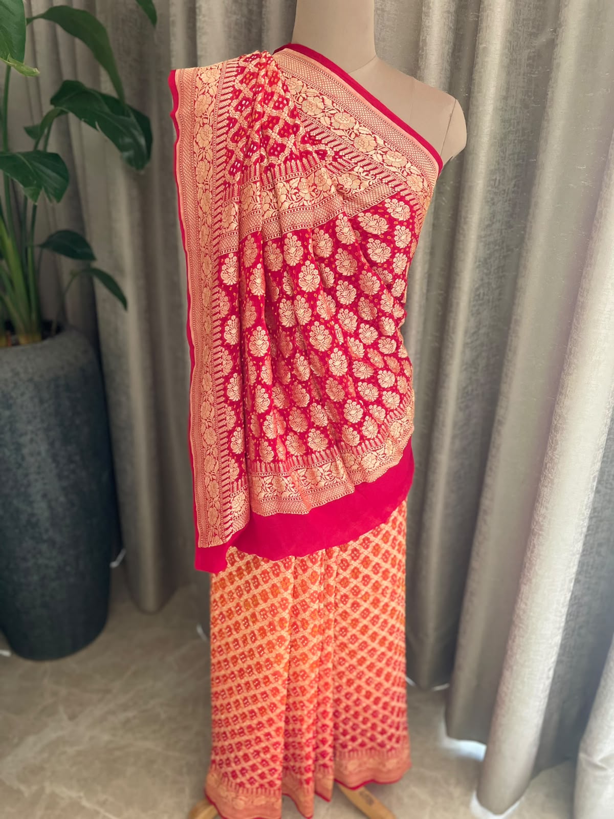 Shrishti - Red & Orange Bandhani Banarasi Saree