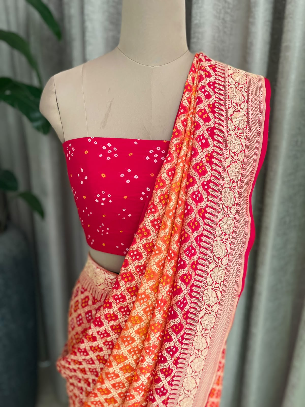 Shrishti - Red & Orange Bandhani Banarasi Saree