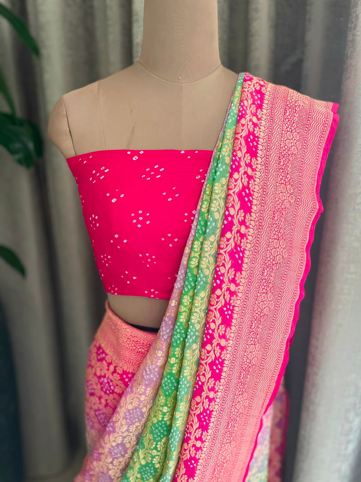 Ritika - Rani Pink & Green Bandhani Banarasi Saree