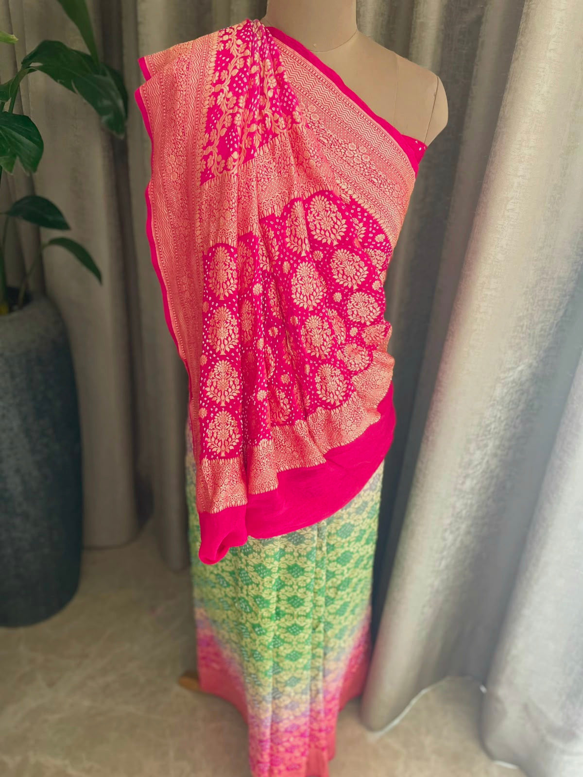 Ritika - Rani Pink & Green Bandhani Banarasi Saree