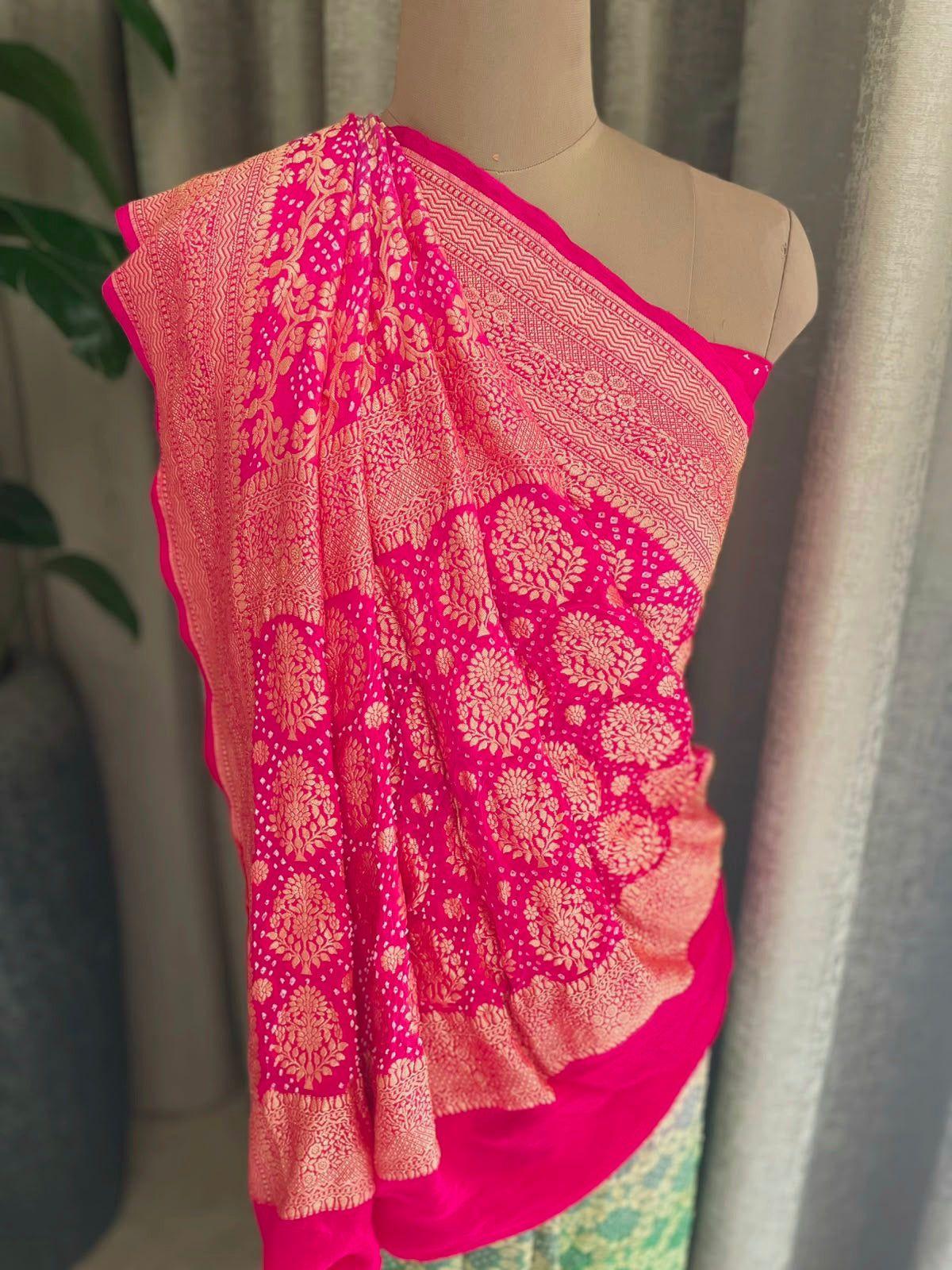 Ritika - Rani Pink & Green Bandhani Banarasi Saree