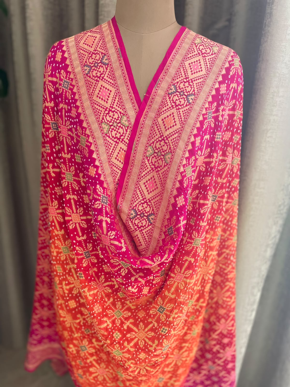 Janvi - Pink & Orange Meenakari Bandhani Dupatta