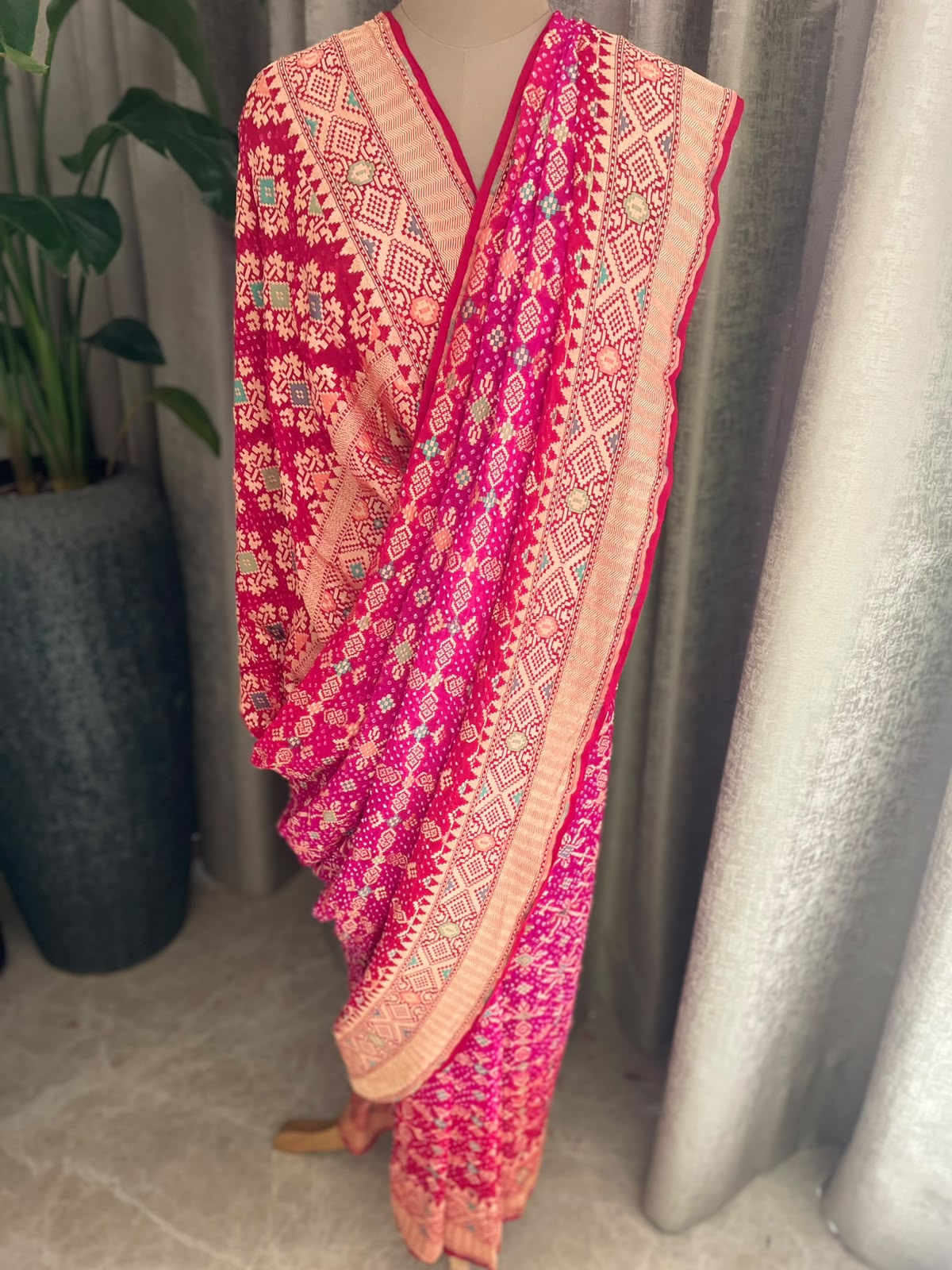 Vishakha - Red & Pink Meenakari Bandhani Saree