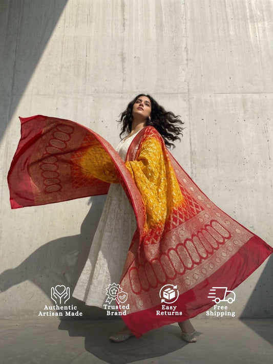 Sahiba - Red & Yellow Bandhani Banarasi Dupatta