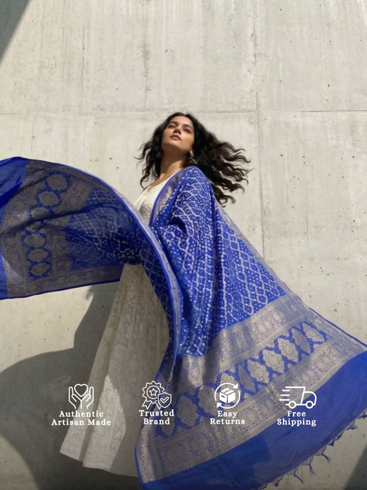 Lihaaz - Blue Bandhani Banarasi Dupatta