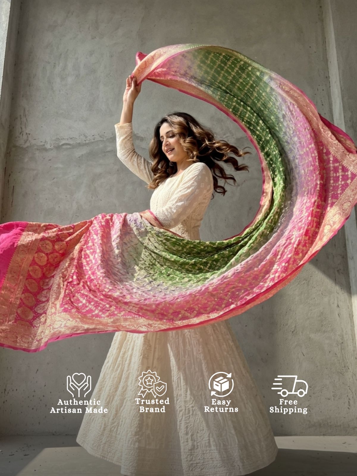 Diya - Pink & Green Bandhani Banarasi Dupatta