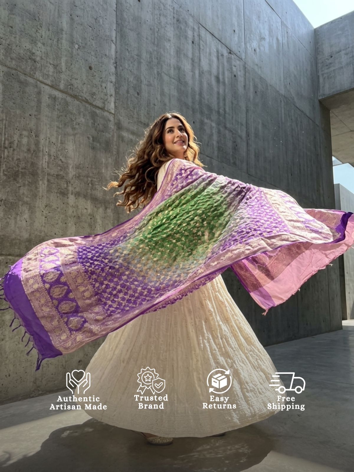 Prerna - Lavender & Green Bandhani Banarasi Dupatta