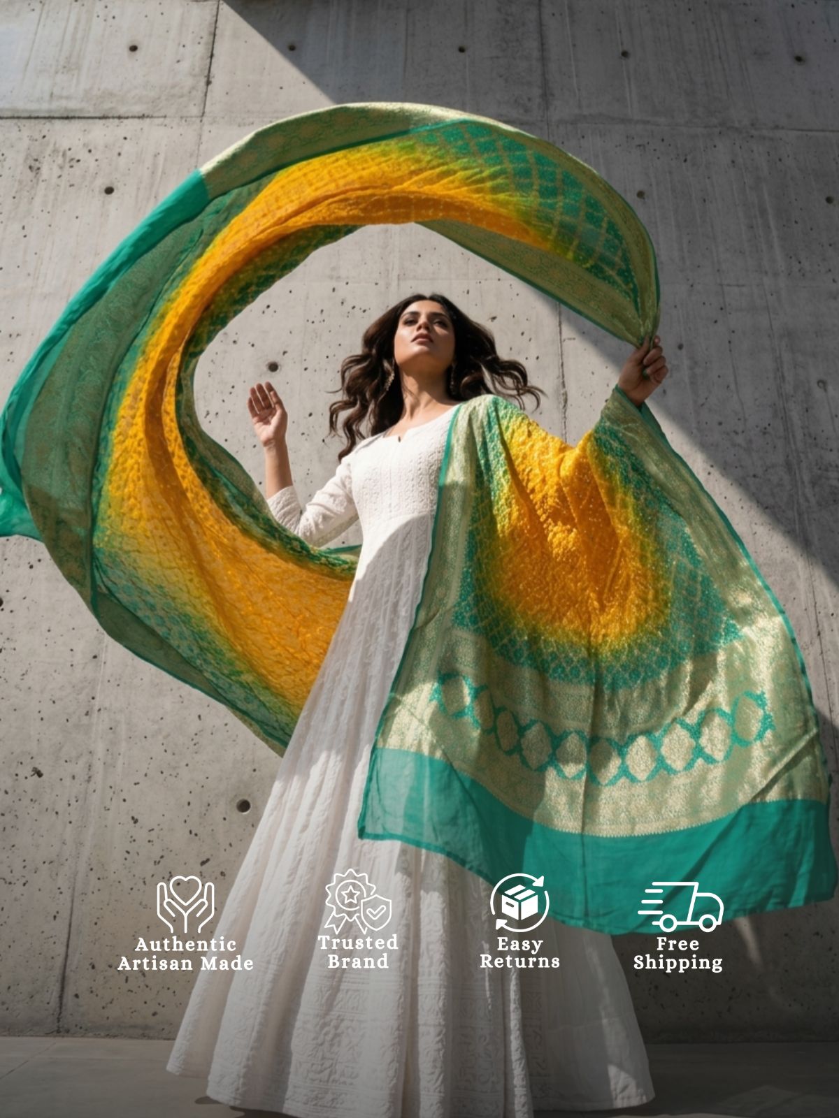 Mahi - Green & Yellow Bandhani Banarasi Dupatta