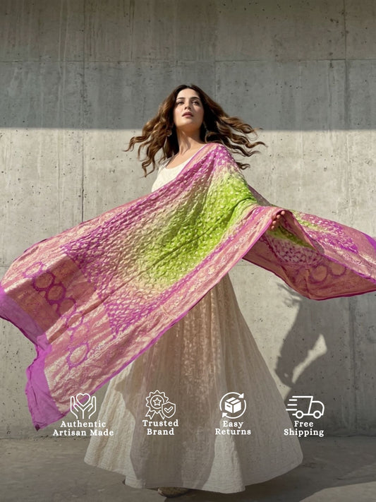 Barkha - Lilac & Green Bandhani Banarasi Dupatta