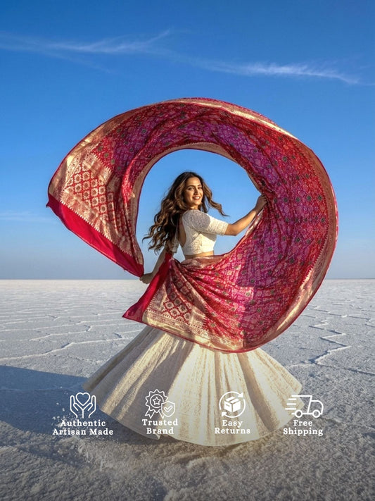 Farha - Red & Pink Meenakari Bandhani Dupatta
