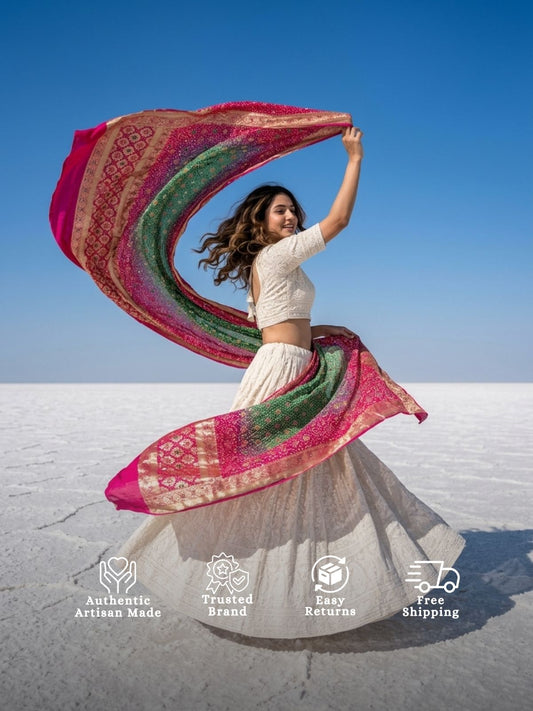 Kavya - Rani Pink & Green Meenakari Bandhani Dupatta