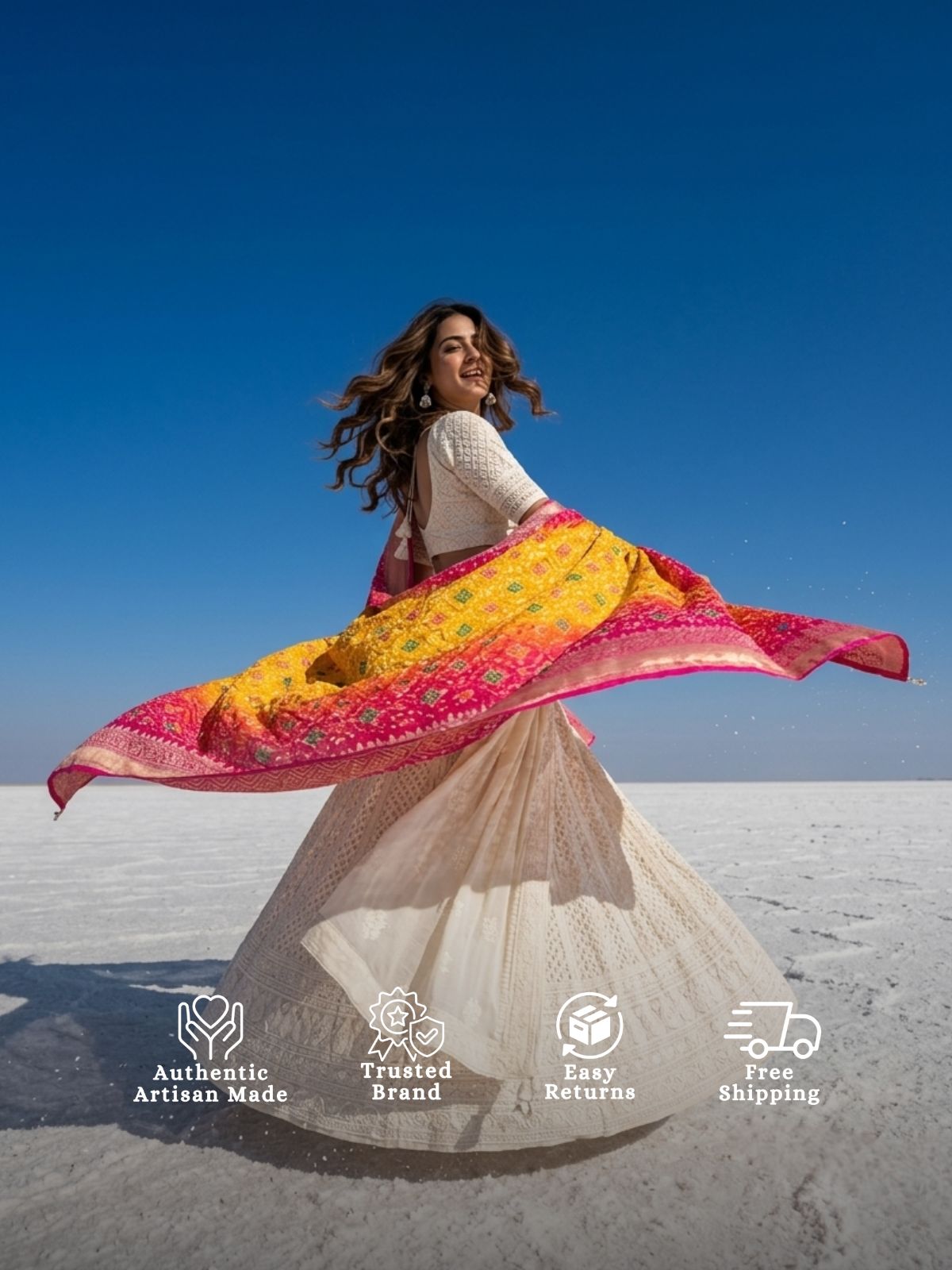Siya - Pink & Yellow Meenakari Bandhani Dupatta