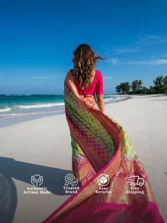 Twisha - Rani Pink & Green Bandhani Banarasi Saree