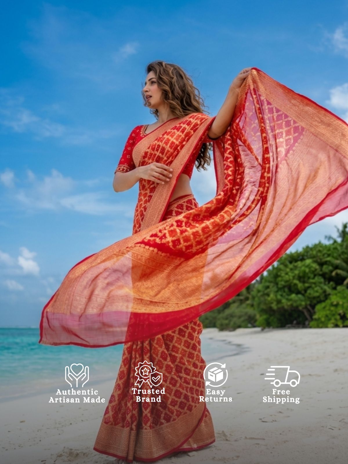 Gauhar - Red & Orange Bandhani Banarasi Saree