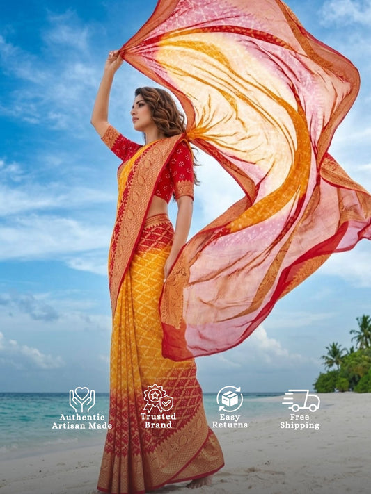 Manasvi - Red & Yellow Bandhani Banarasi Saree
