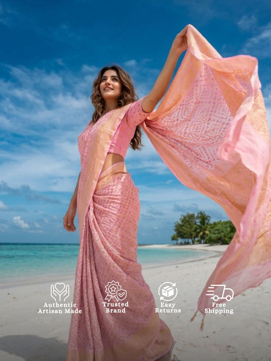 Jia - Peach Bandhani Banarasi Saree