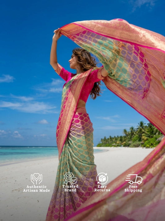 Aashvi - Rani Pink & Green Bandhani Banarasi Saree