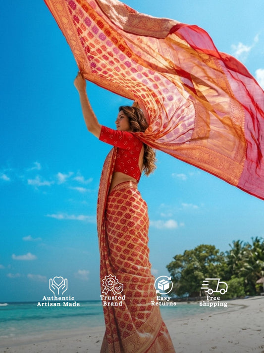 Shrishti - Red & Orange Bandhani Banarasi Saree