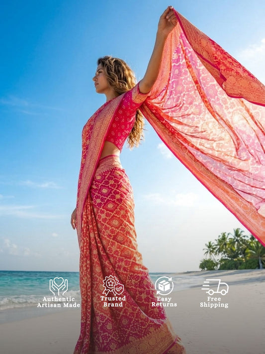 Sarika - Rani Pink & Peach Bandhani Banarasi Saree