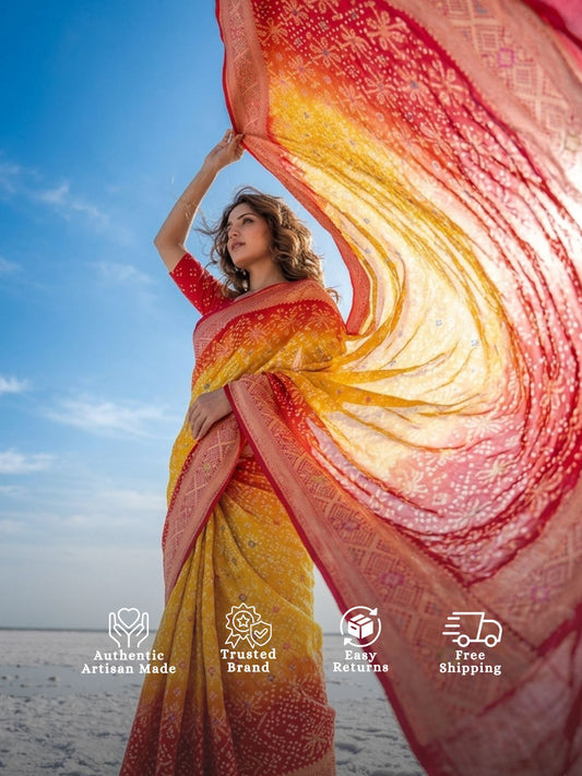 Tanvi - Red & Yellow Meenakari Bandhani Saree