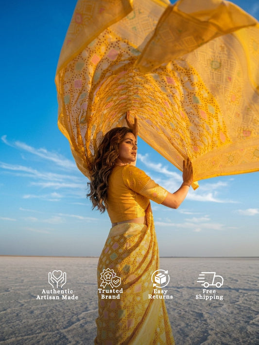 Paheli - Yellow Meenakari Bandhani Saree