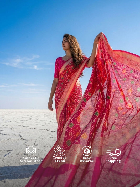 Adya - Rani Pink Meenakari Bandhani Saree