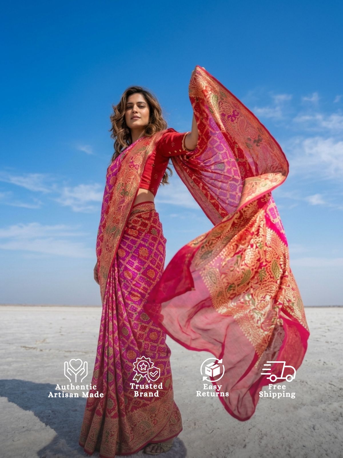 Jaya - Red & Pink Tilfi Meenakari Bandhani Saree