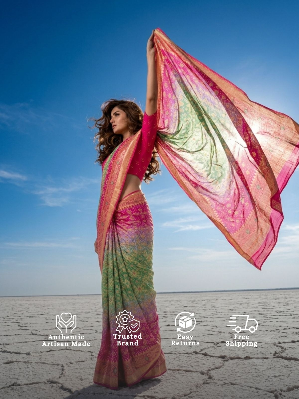 Nirjara - Rani Pink & Green Meenakari Bandhani Saree