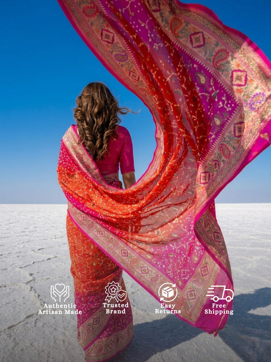 Anisha - Pink & Orange Tilfi Meenakari Bandhani Saree
