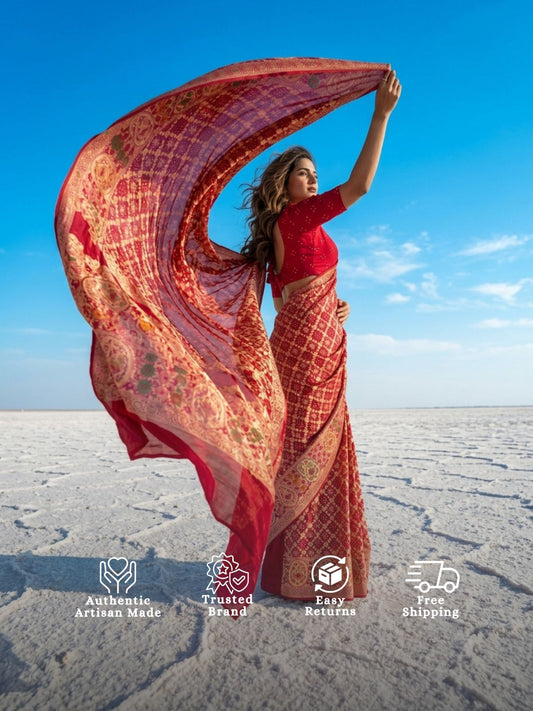 Raani Sa - Red Tilfi Meenakari Bandhani Saree