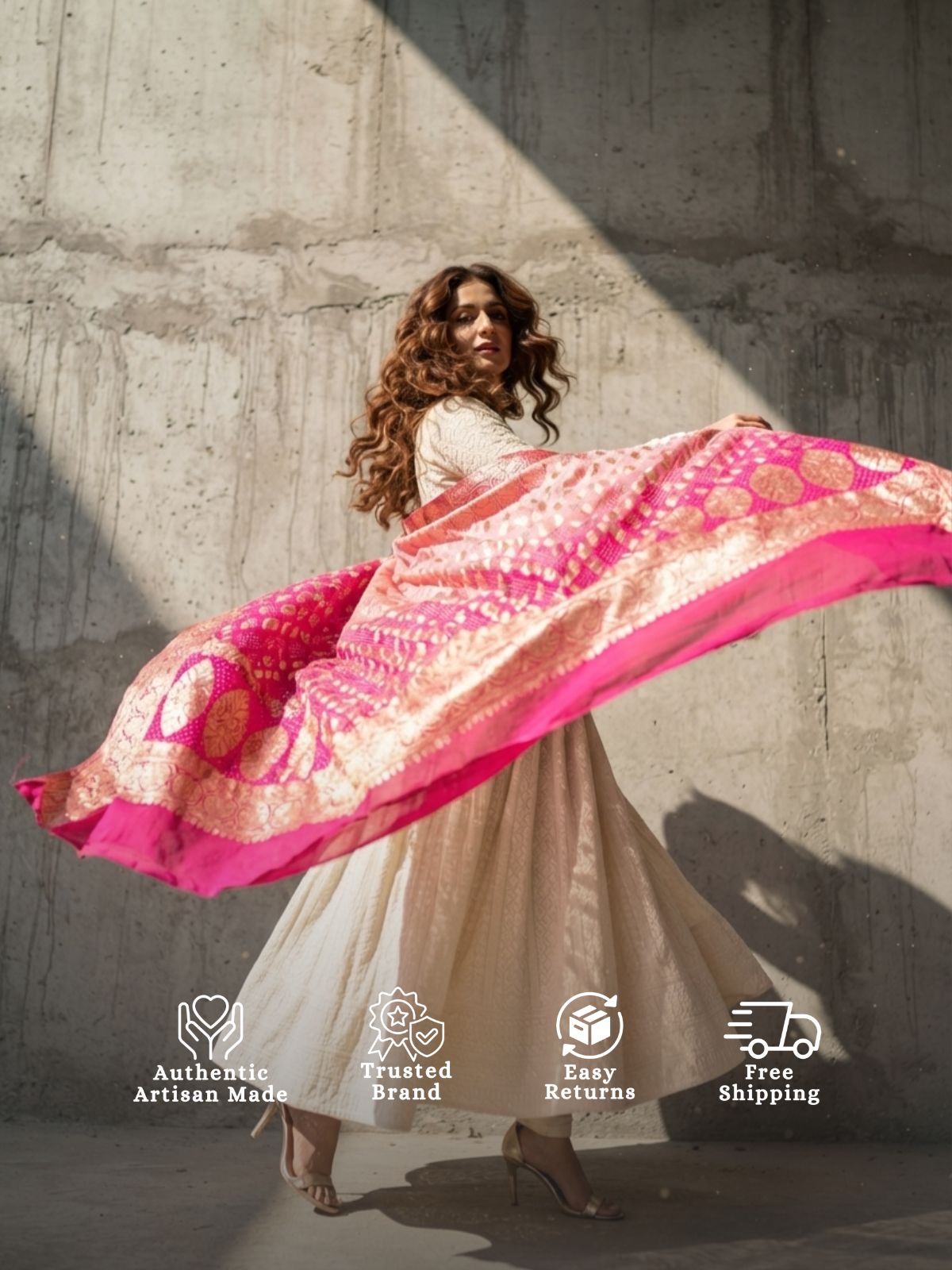 Divisha - Pink & Peach Bandhani Banarasi Dupatta