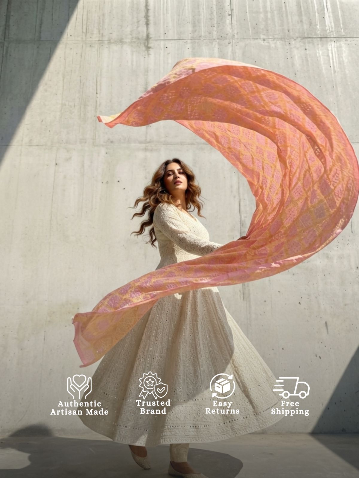 Sakhi - Peach Bandhani Banarasi Dupatta