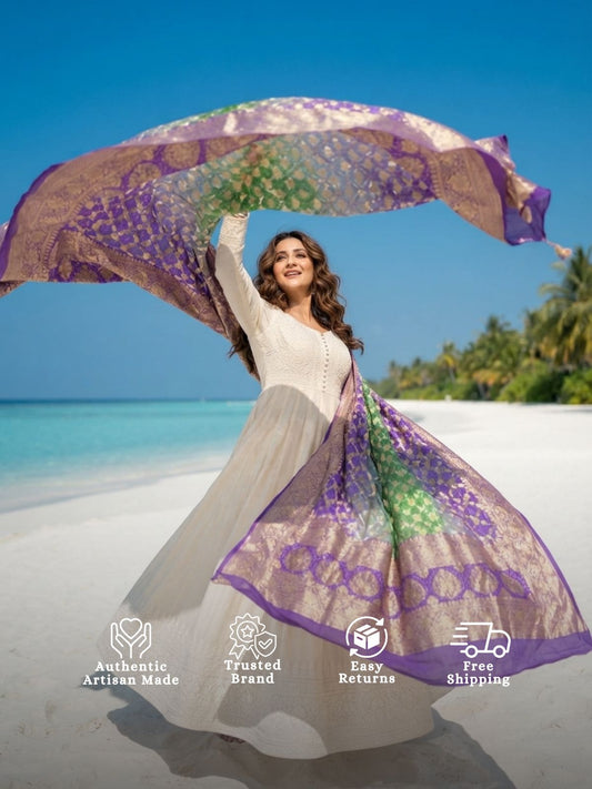Prerna - Lavender & Green Bandhani Banarasi Dupatta