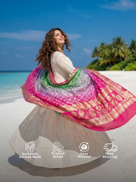 Nandani - Pink & Green Bandhani Banarasi Dupatta