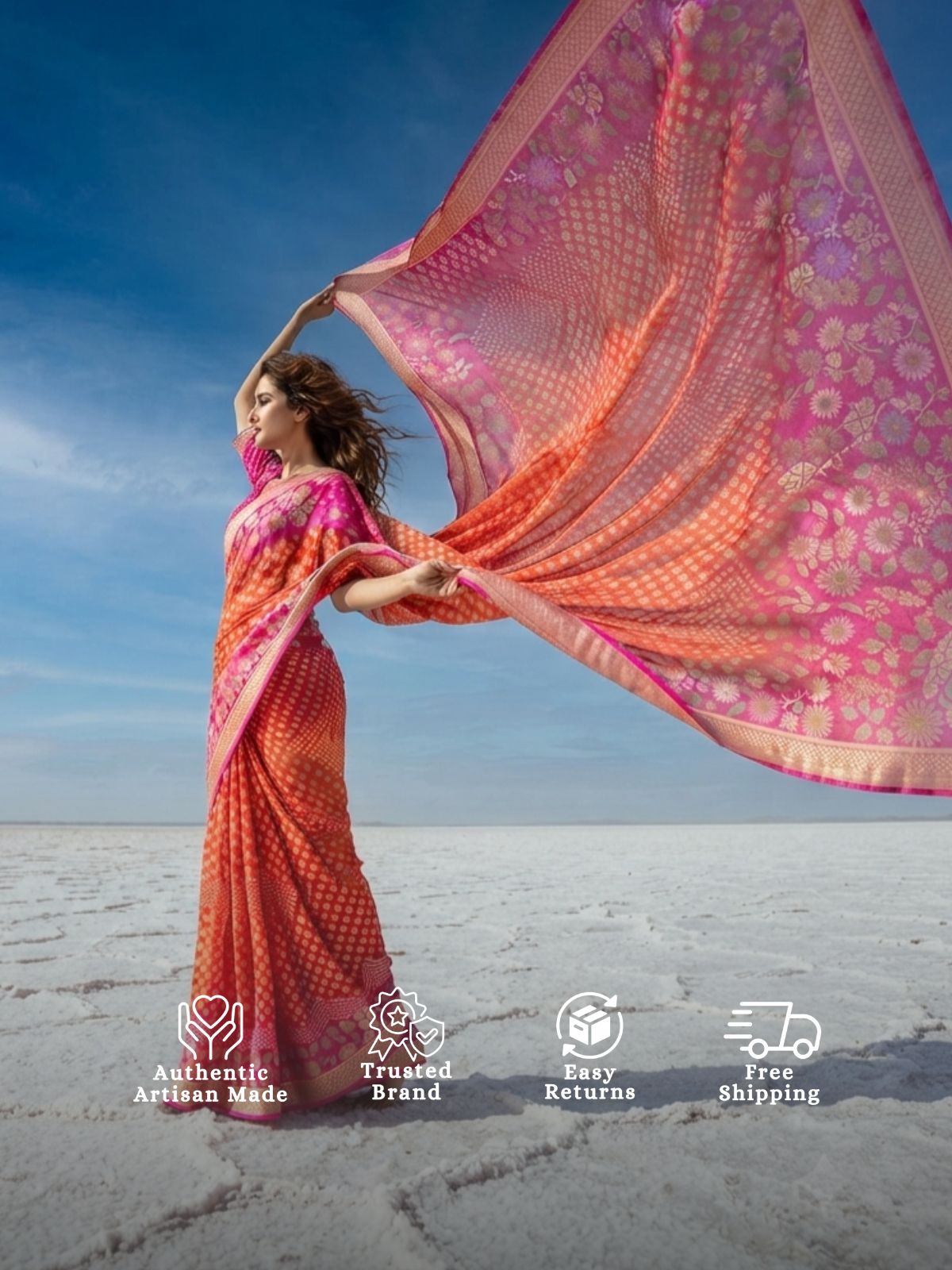 Yukti - Pink & Orange Tilfi Meenakari Bandhani Saree