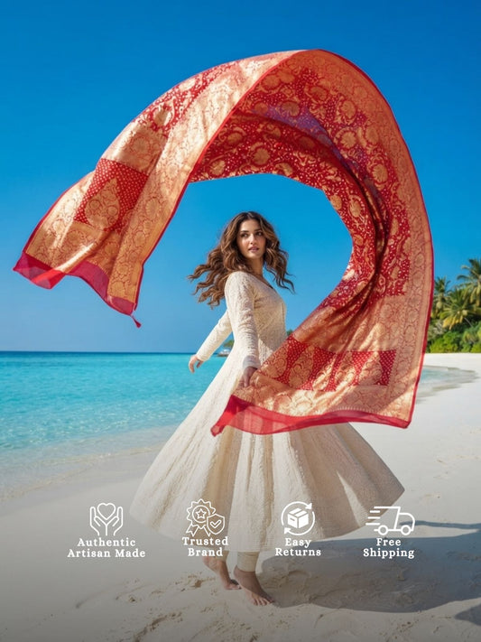 Swatika - Red Bandhani Banarasi Dupatta