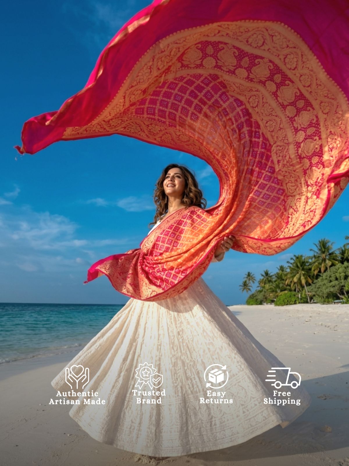 Ridhima - Rani Pink & Peach Bandhani Banarasi Dupatta