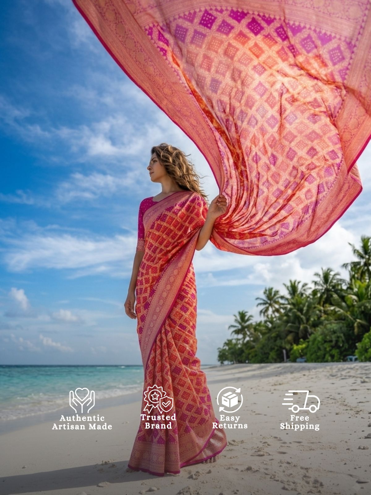Manya - Pink & Orange Bandhani Banarasi Saree