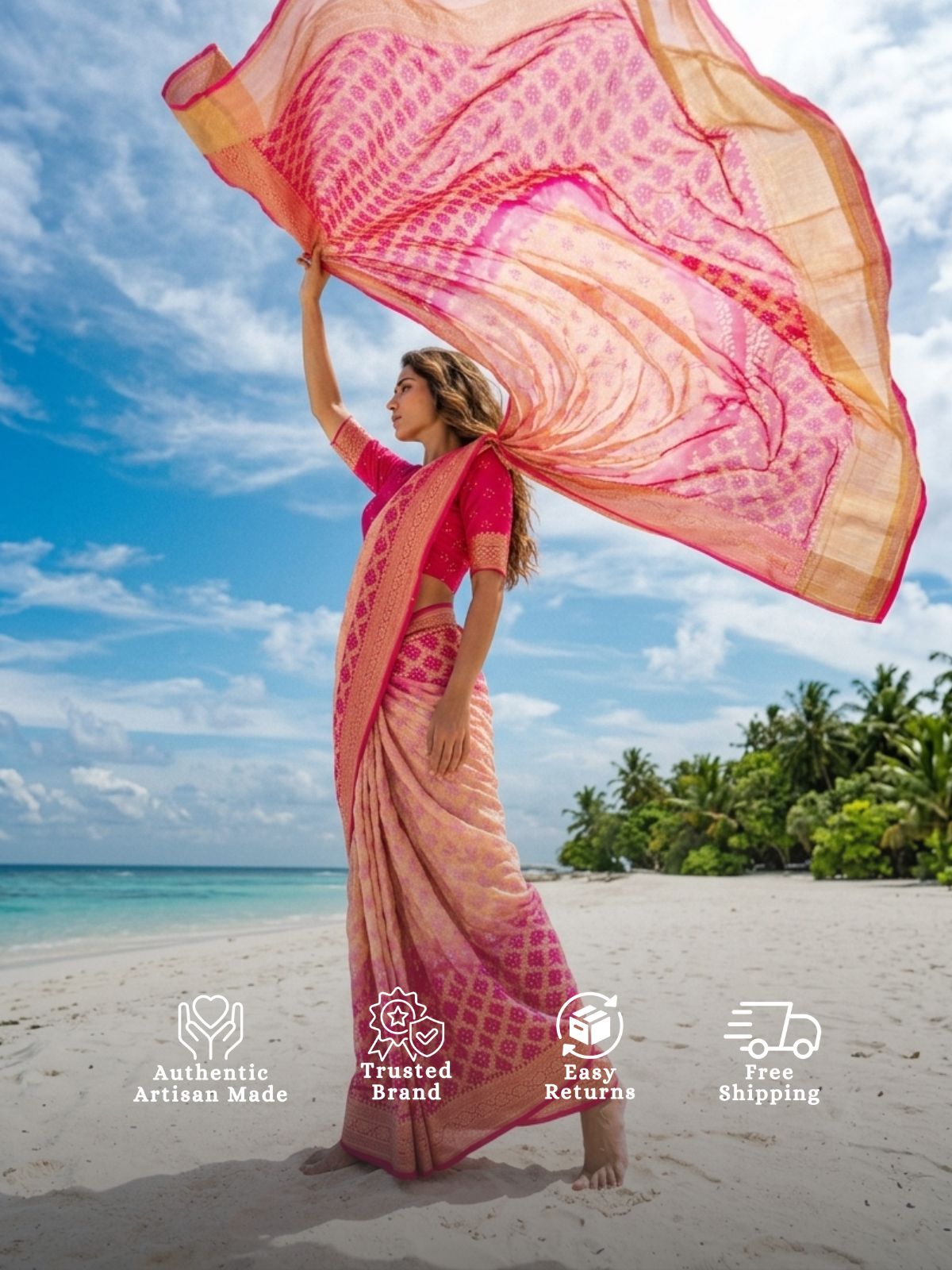 Divya - Pink & Peach Bandhani Banarasi Saree