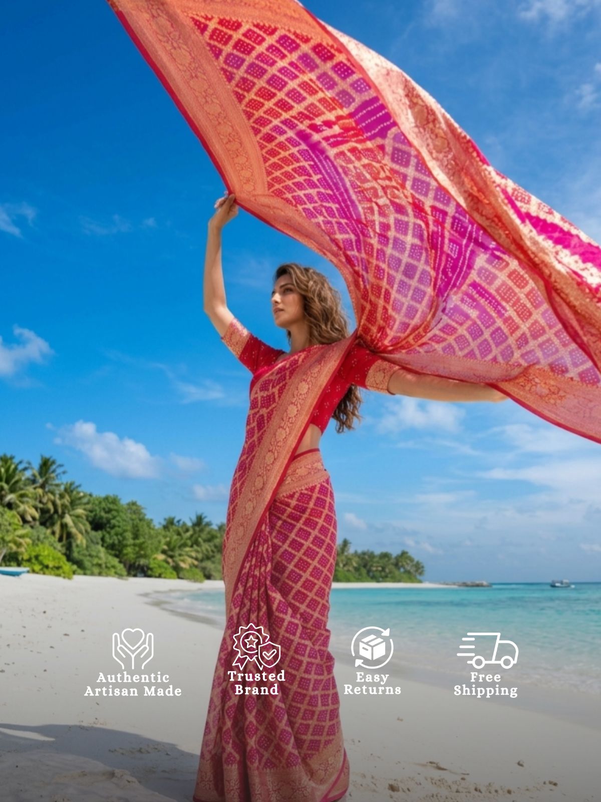 Sumeha - Red & Pink Bandhani Banarasi Saree