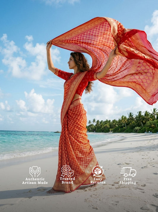 Shrishti - Red & Orange Bandhani Banarasi Saree