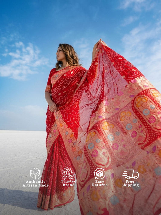 Malvika - Red Tilfi Meenakari Bandhani Saree