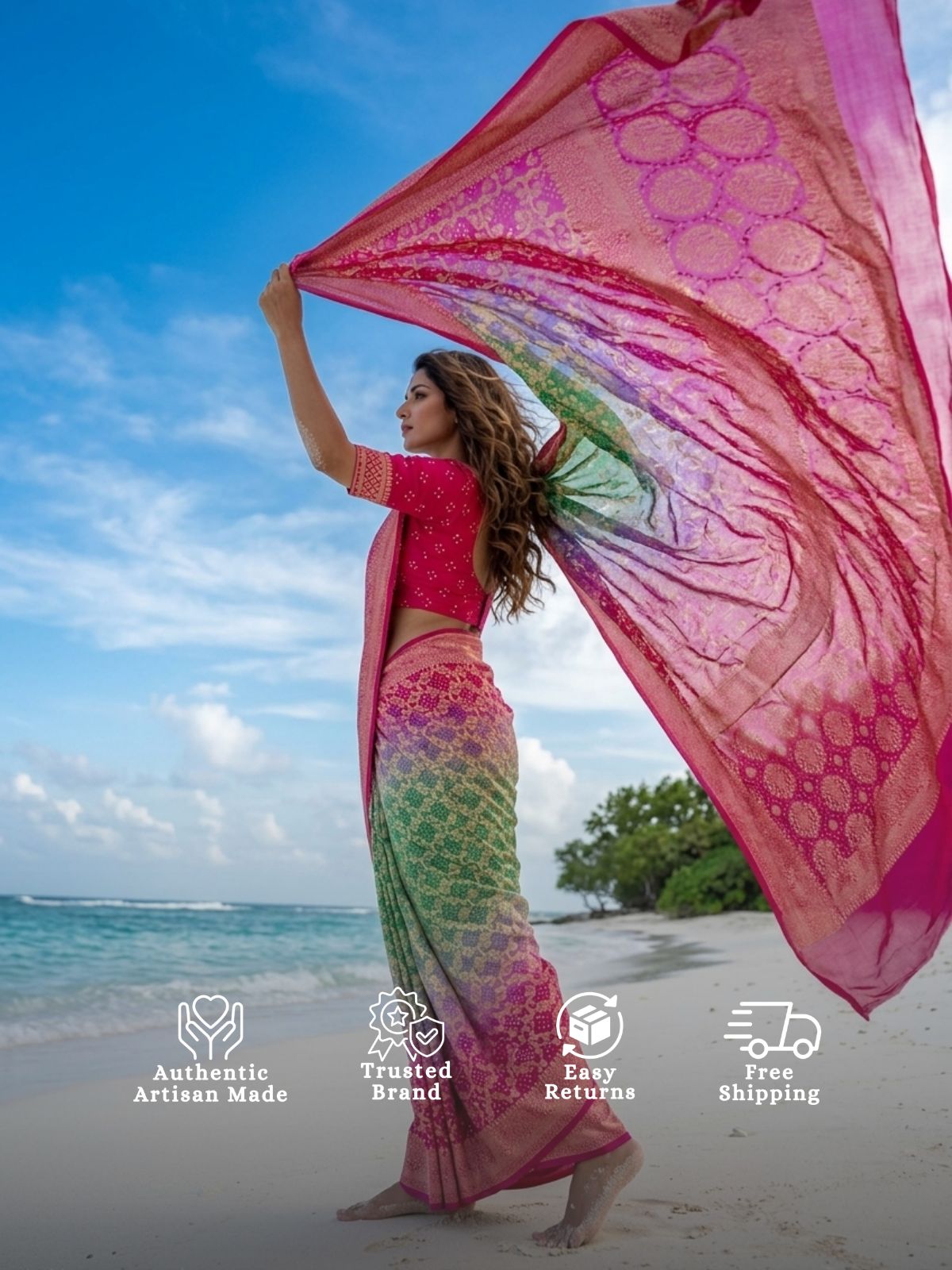 Ritika - Rani Pink & Green Bandhani Banarasi Saree